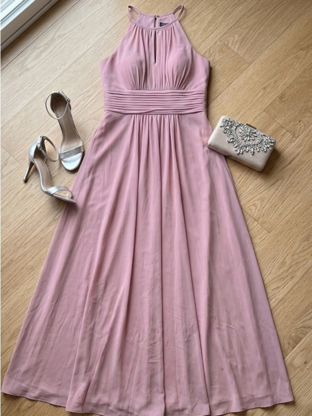 Azazie Maxi Dress in Dusty Pink – Sleeveless Pleated Waist